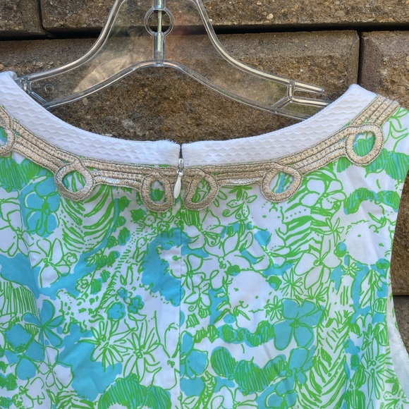 LILY PULITZER DRESS JANICE SHIFT GREEN PANDAMONIUM PANDA GOLD LACE TRIM - Picture 5 of 7